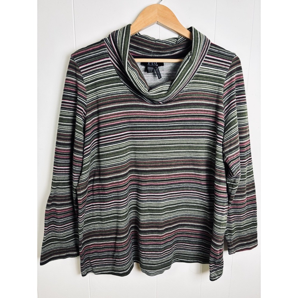 FDJ French Dressing XL Green‎ Knit Stripe Cowl Neck Sweater Top Soft